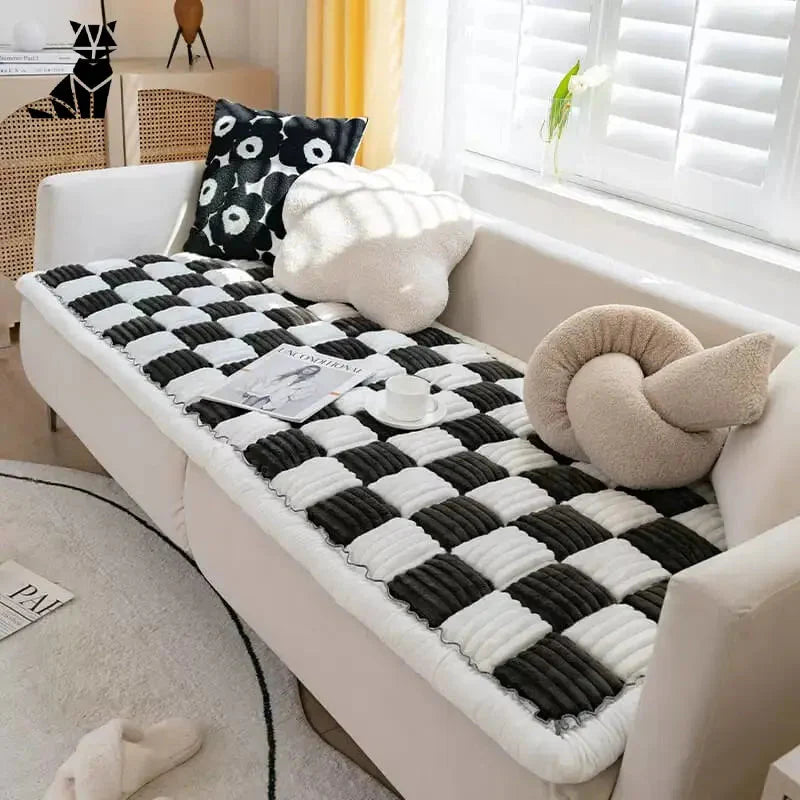 Canapé blanc avec coussins noirs et blancs recouverts d’une housse de canapé à carreaux crème, idéale pour les maisons avec des animaux