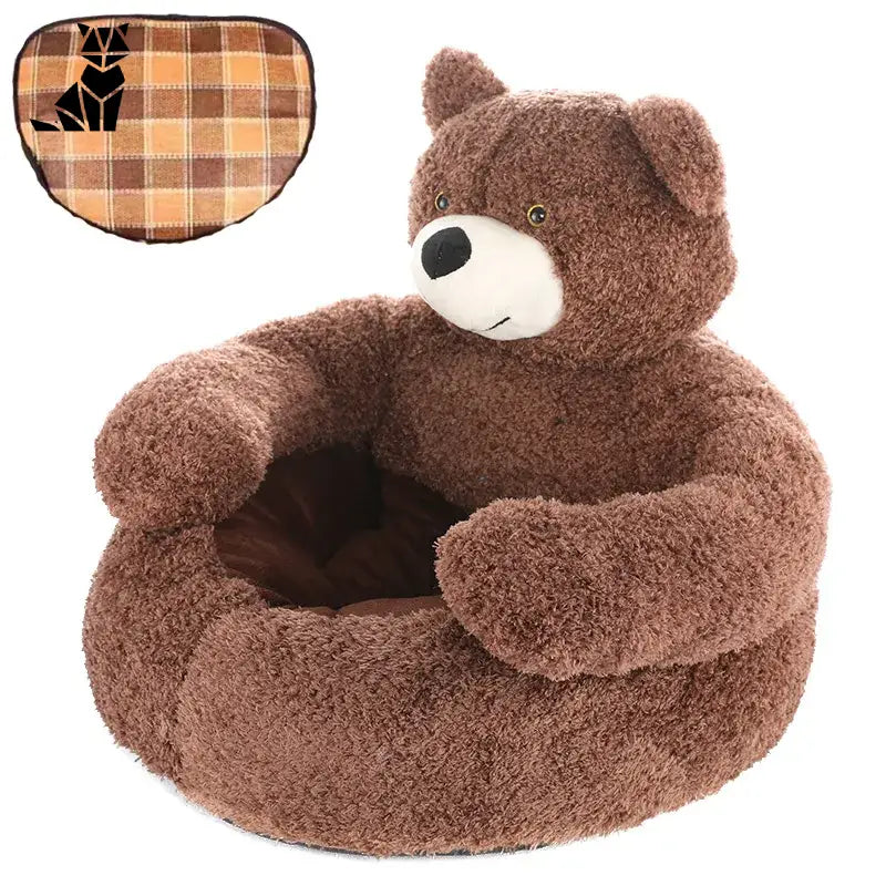 Lit douillet pour chiens en forme d’ours câlin avec motif à carreaux marron - Soft Winter Nest